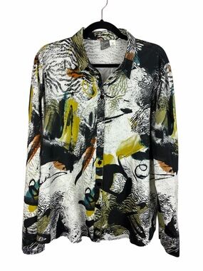 Simply Art by Dolcezza Abstract Print Button-Up Blouse XXL Black White Yellow